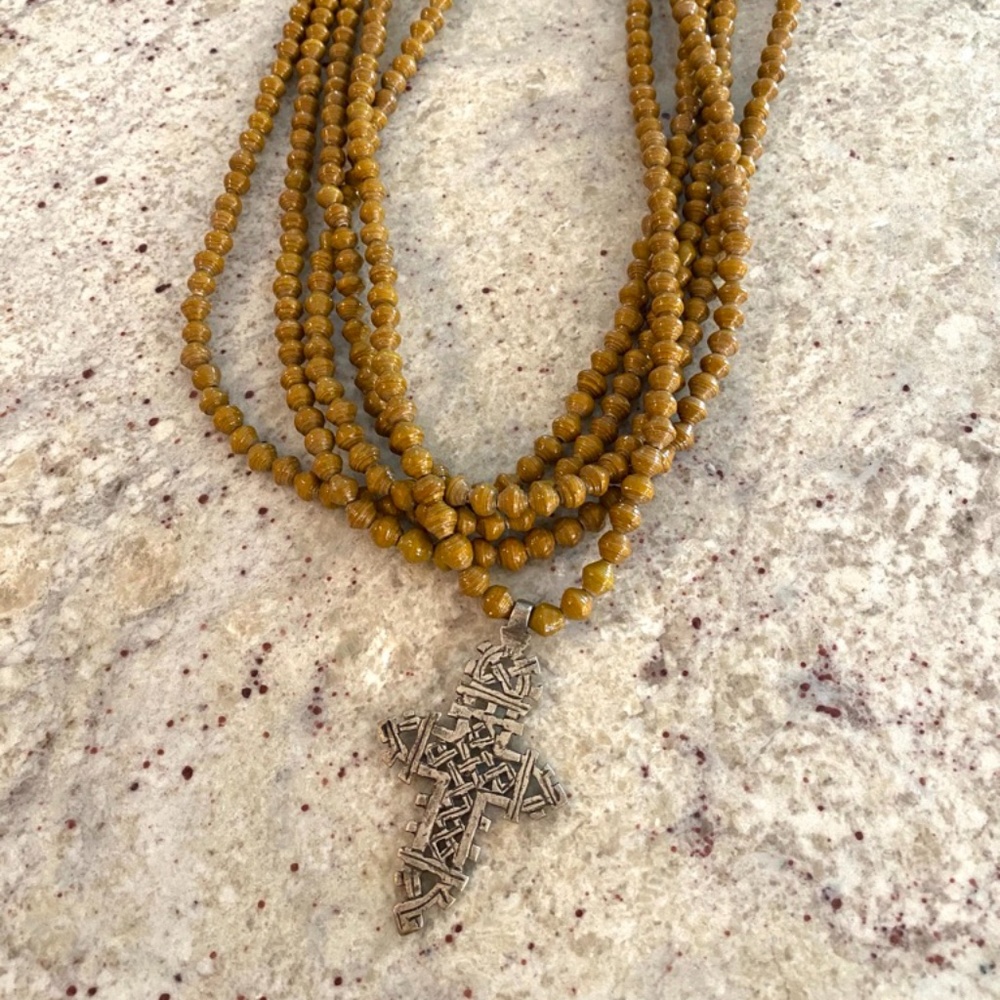 Akola Brown Cross Long Necklace 5 Strands